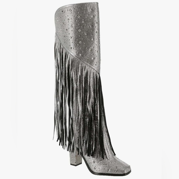 🔹️Jessica Simpson🔹️ Pewter ASIRE  Rhinestone Tall Shaft Fringe Boots - Picture 1 of 5